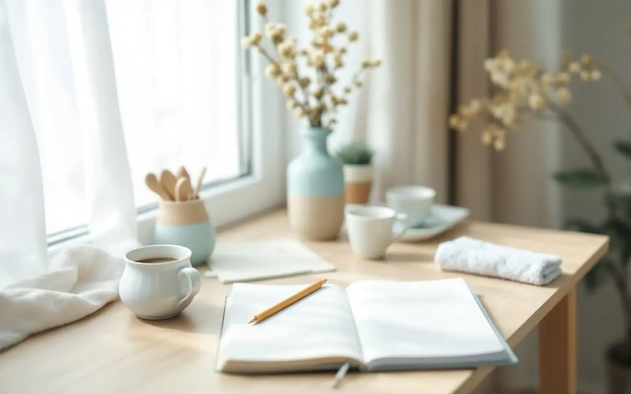 An open notebook, a pencil and a cup of barley tea on a light wooden desk by a window