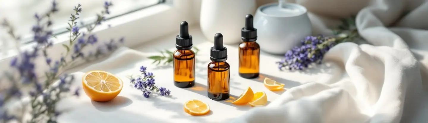 Small amber glass bottles with dried lavender, rosemary and citrus peel on cream linen