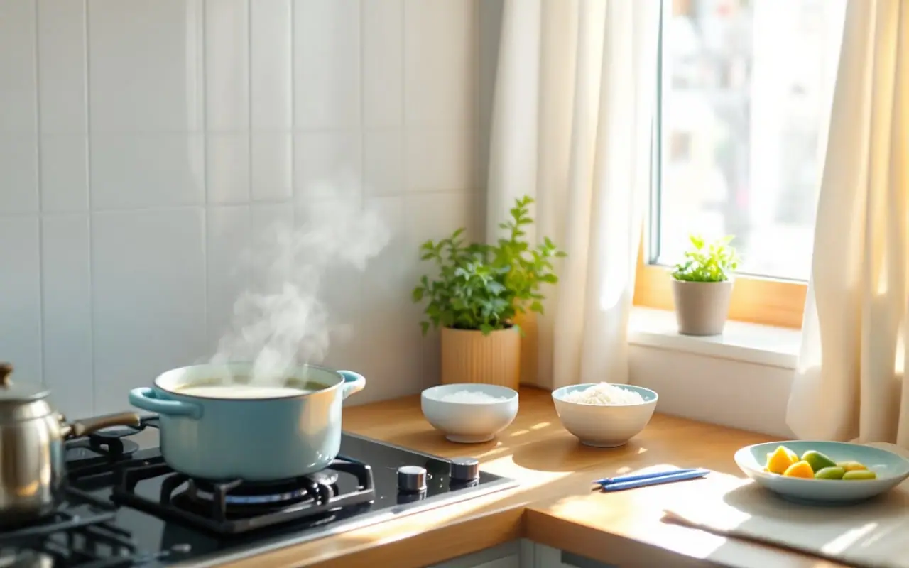 A bright home kitchen in the morning with miso soup on the stove and rice and pickles on the counter