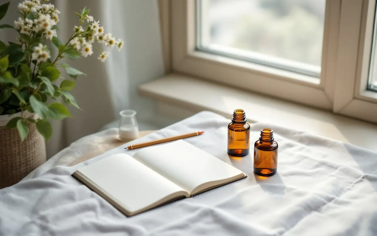 A blank open notebook, a pencil, a small glass beaker and two amber bottles on a linen tablecloth