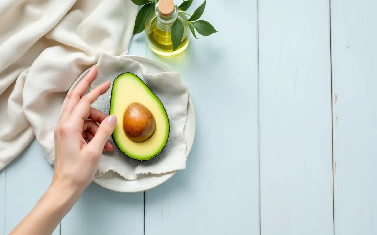 A halved avocado beside a small glass bottle of green-gold oil on a linen cloth