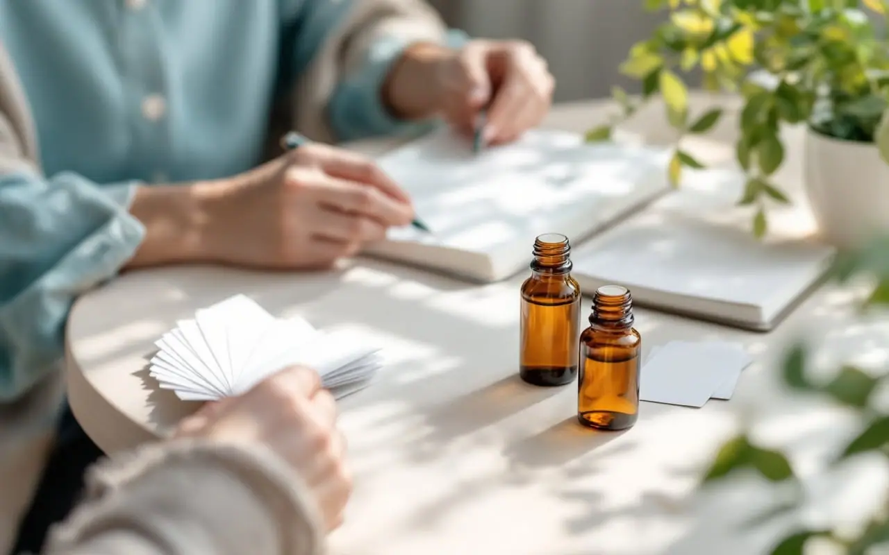 Small amber bottles, paper smelling strips and a blank notebook on a pale wooden table