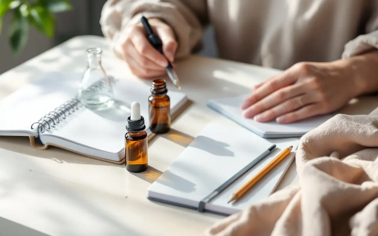 A small glass beaker, a dropper and three amber bottles beside a blank notebook and a pencil on a pale wooden table