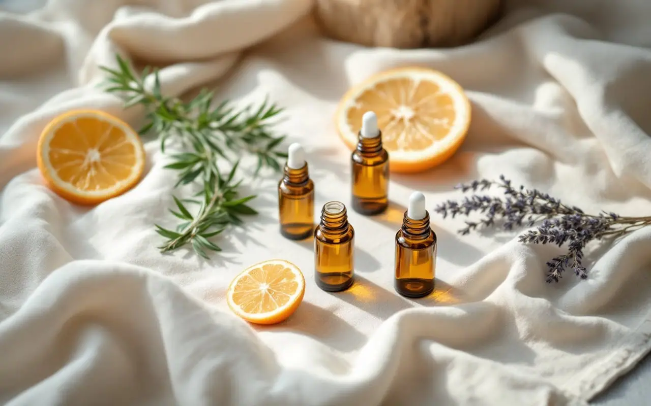 Glass roller bottles and amber dropper bottles in a circle on cream linen with rosemary, an orange slice and dried lavender
