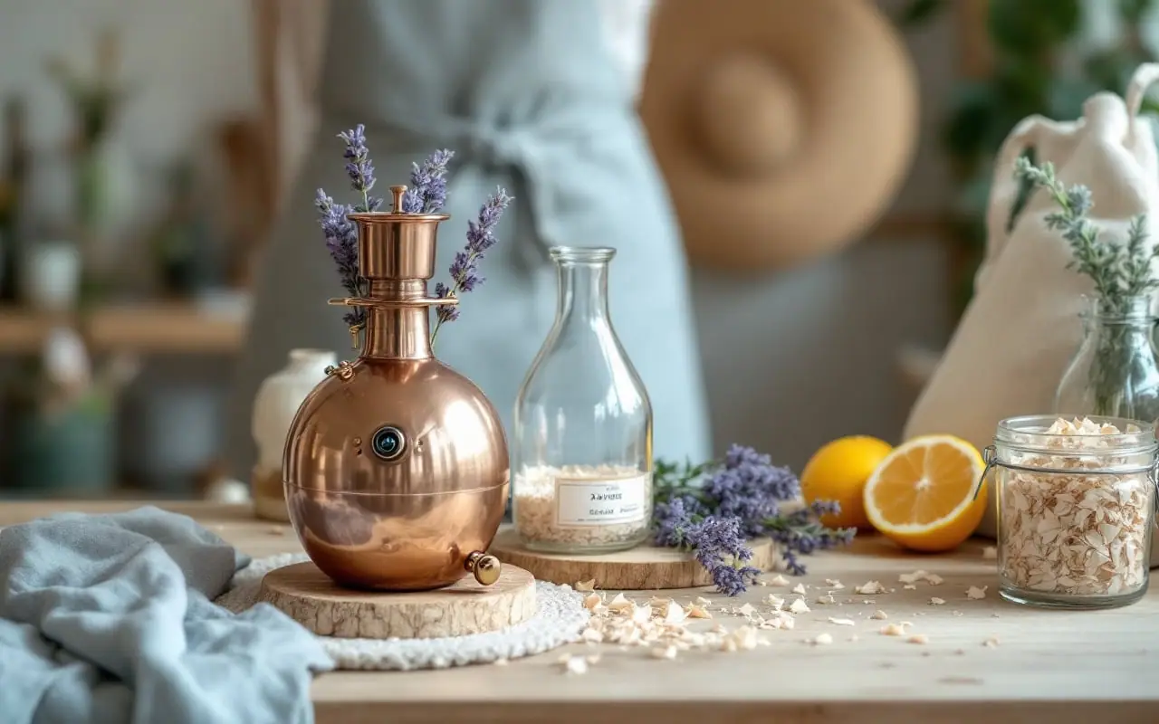 A small copper still beside a glass flask, fresh lavender stems, a halved yuzu and pale wood shavings on a workbench
