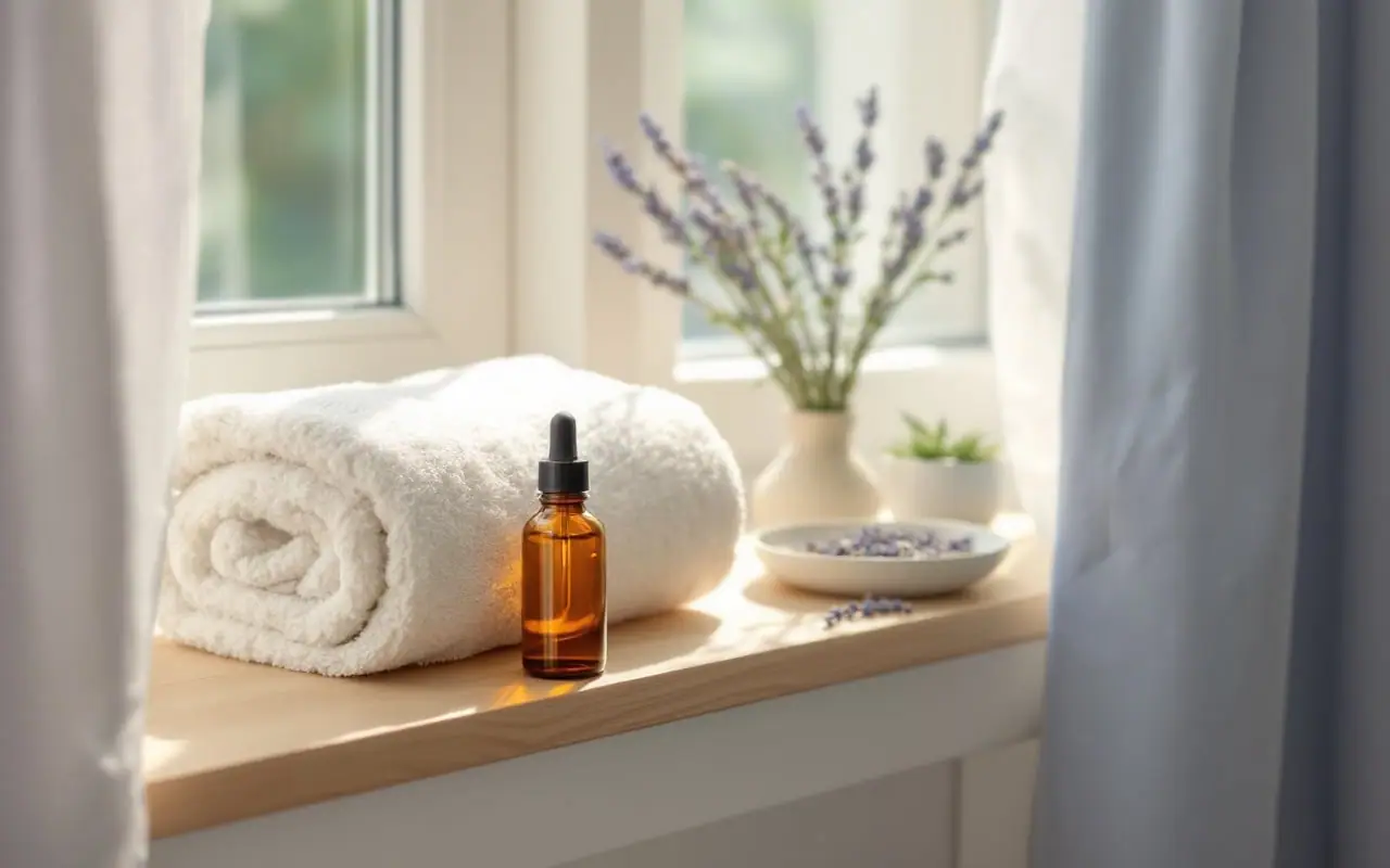 A folded cream towel, a small amber bottle and dried lavender on a wooden shelf by a window