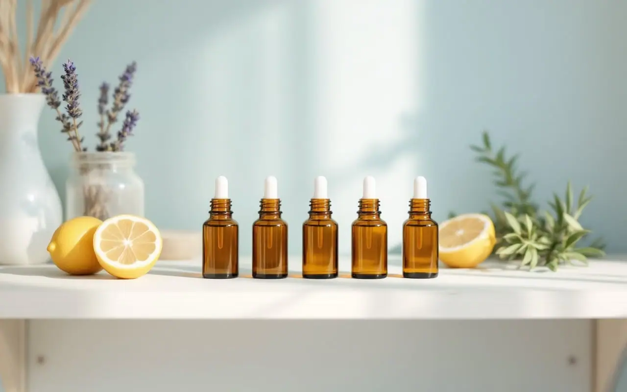 Small amber dropper bottles on a wooden shelf next to dried lavender, half a lemon and rosemary sprigs