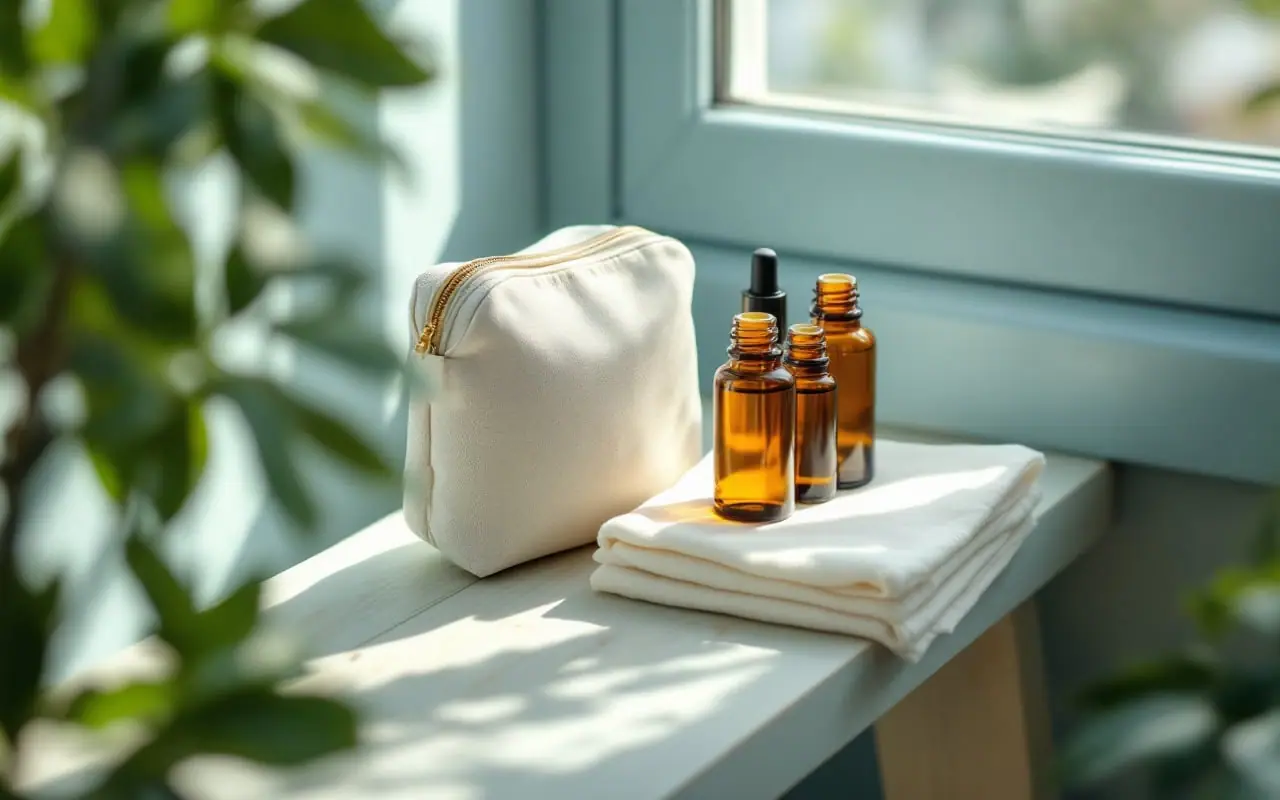 A small canvas pouch with three amber roller bottles and a folded handkerchief on a wooden bench