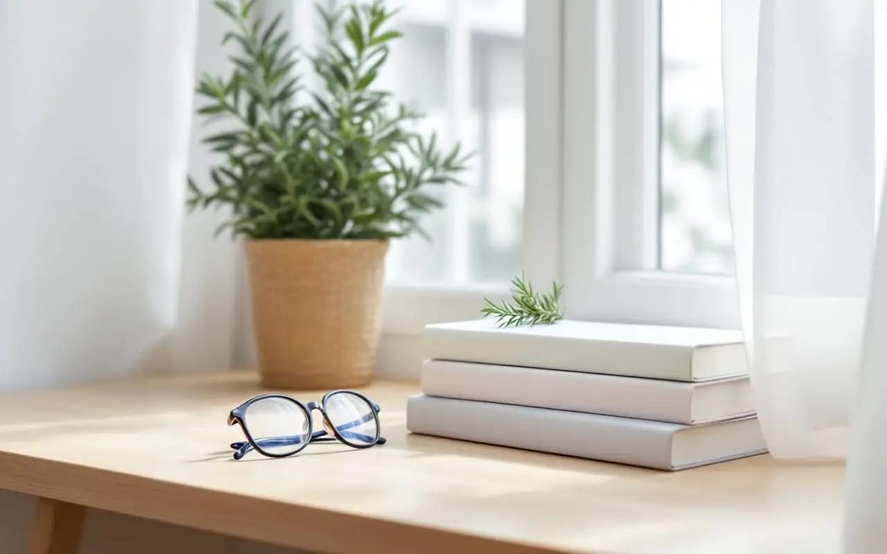 A stack of plain cloth-bound books, reading glasses and a sprig of rosemary on a wooden desk