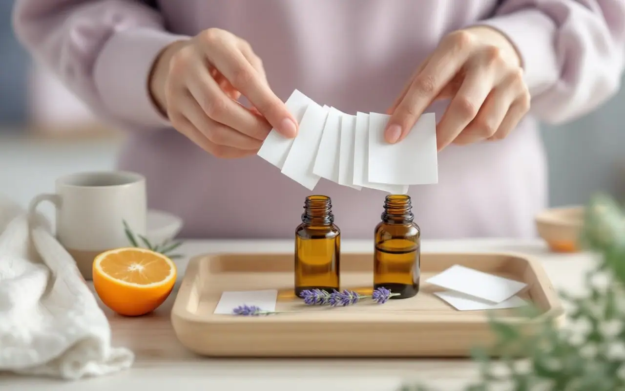 Hands holding white paper smelling strips over a tray of small amber bottles, a sprig of lavender and a halved orange